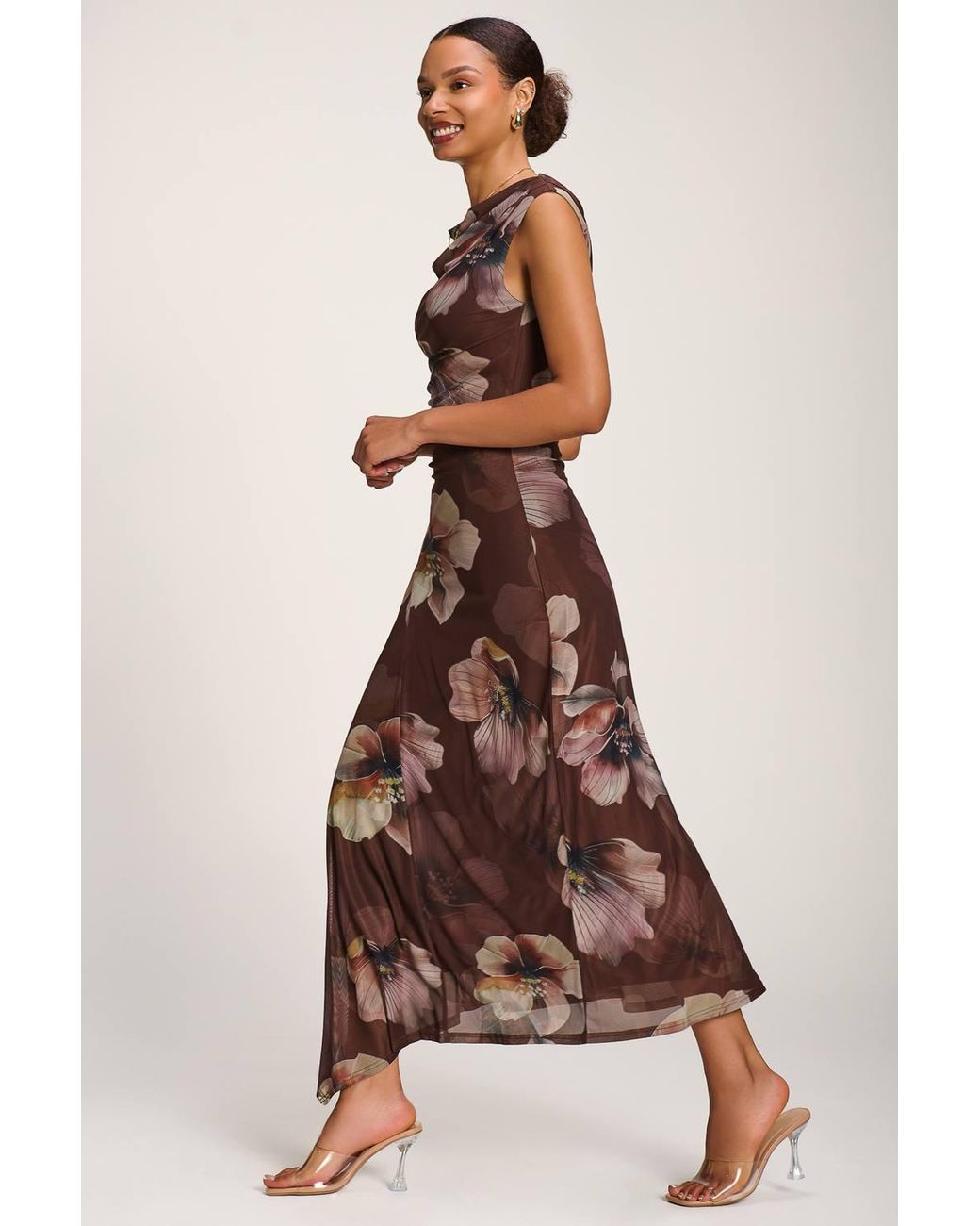 Jolie Moi Brown Asymmetric Draped Mesh Maxi Dress