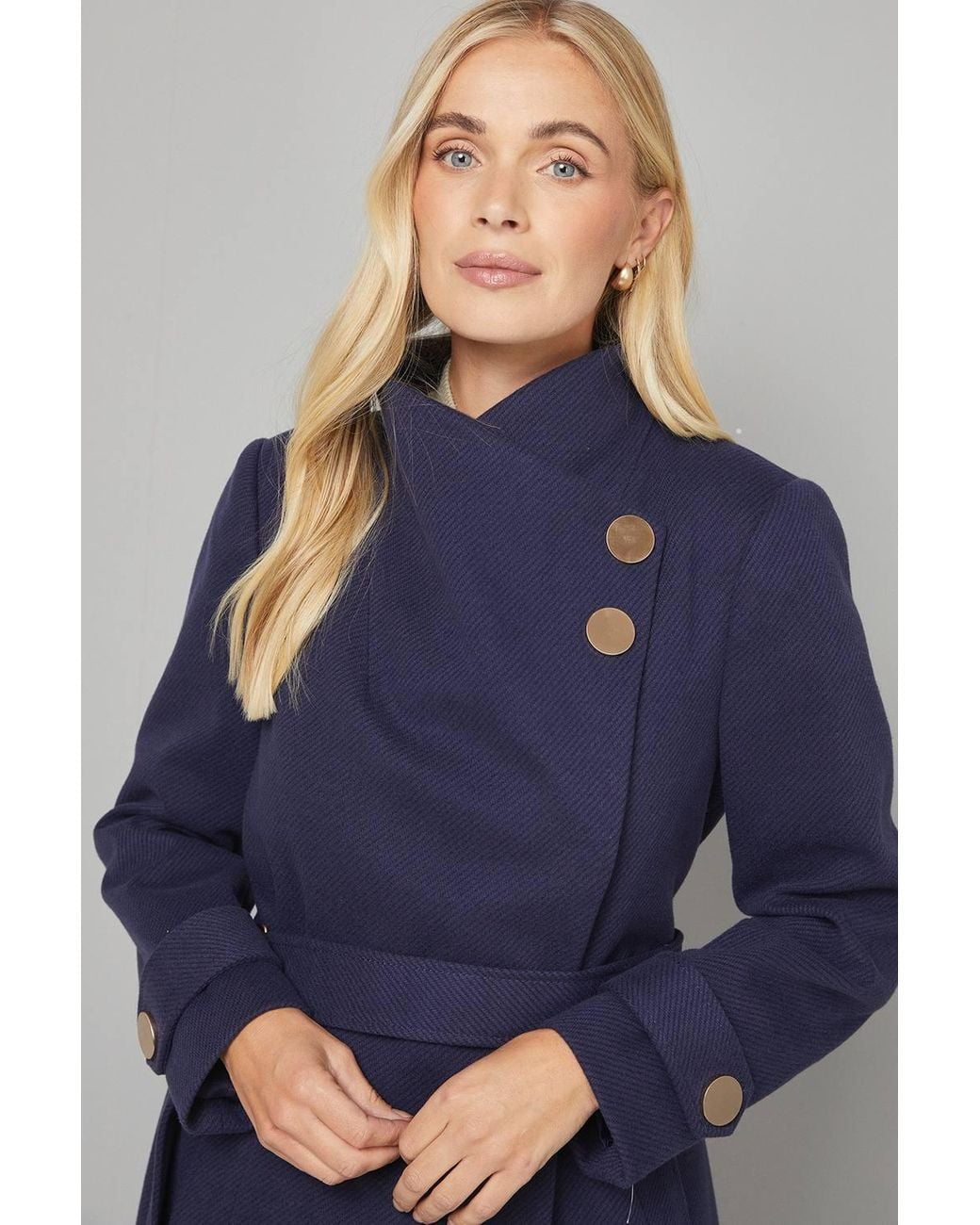Wallis Blue Petite Funnel Neck Tie Belt Coat