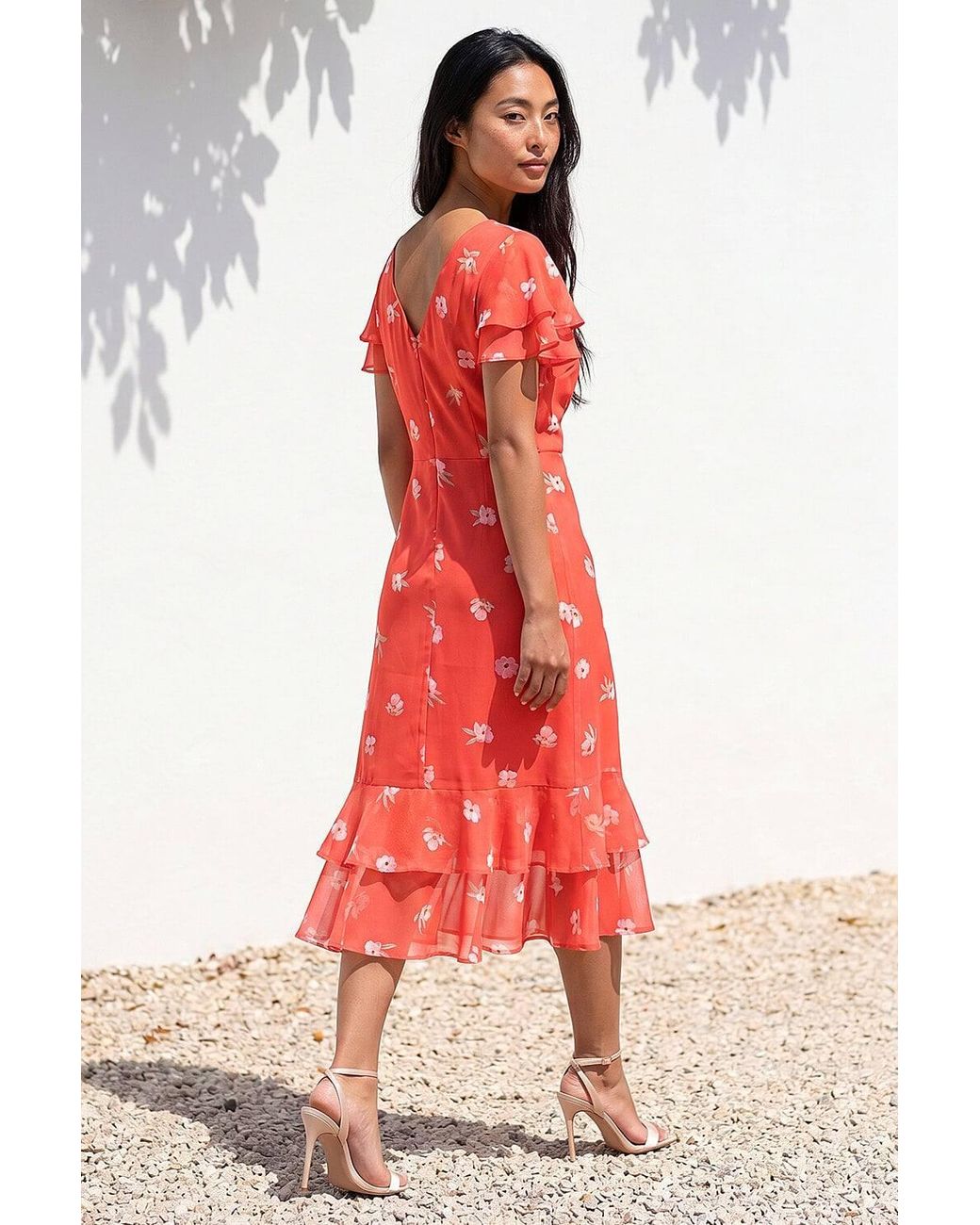 Roman Petite Floral Chiffon Frill Tiered Midi Dress