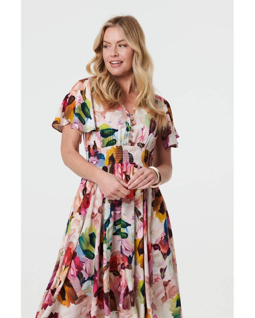 Izabel London White Floral Short Puff Sleeve Midi Dress