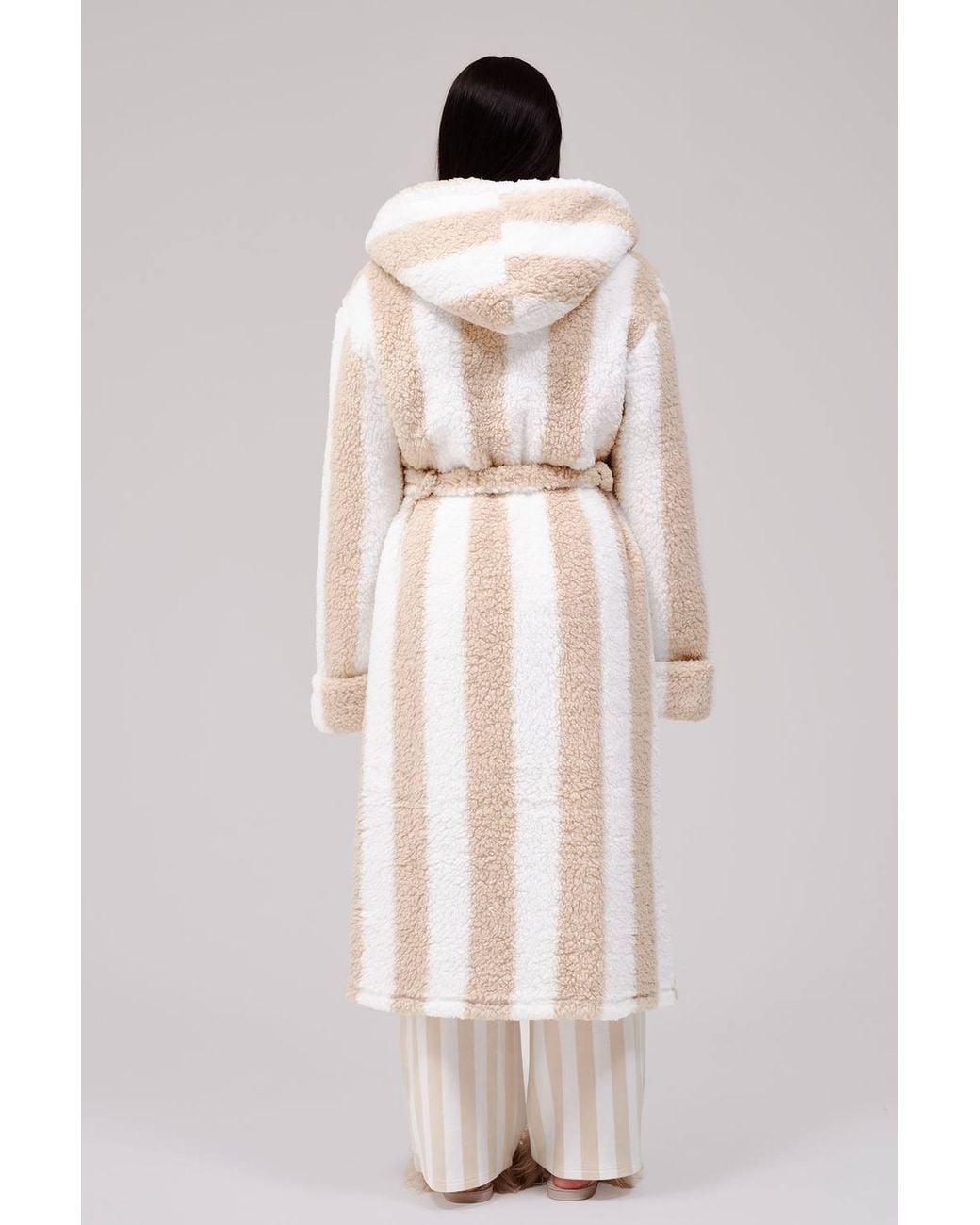 Loungeable Natural Chunky Sherpa Stripe Midi Hooded Dressing Gown