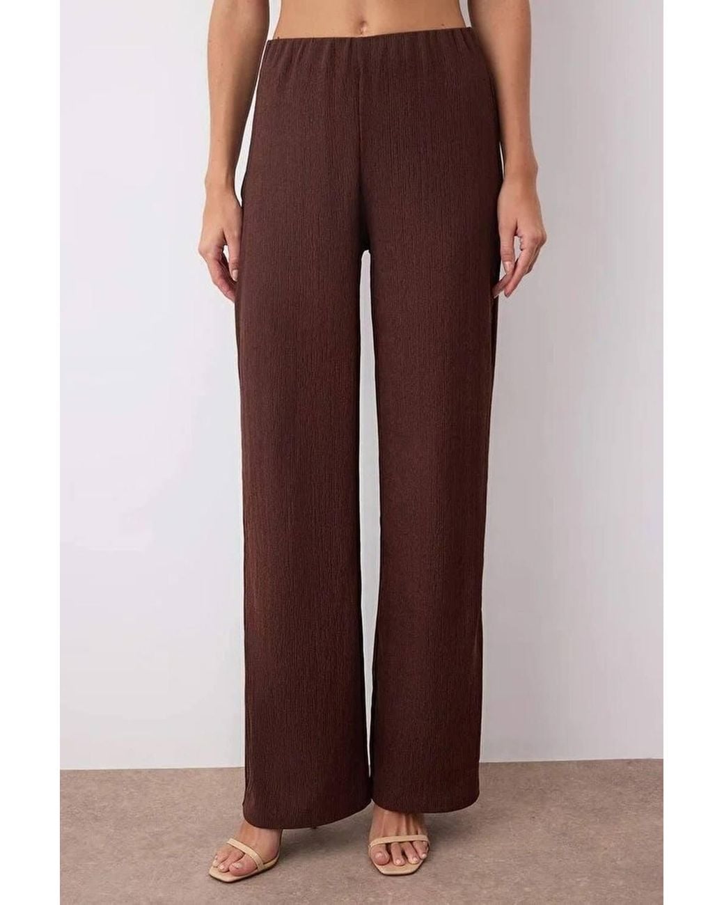 WOVCOR Brown 2-Piece Asymmetric Neck Knit Top & Wide Leg Trousers Co-Ord Set