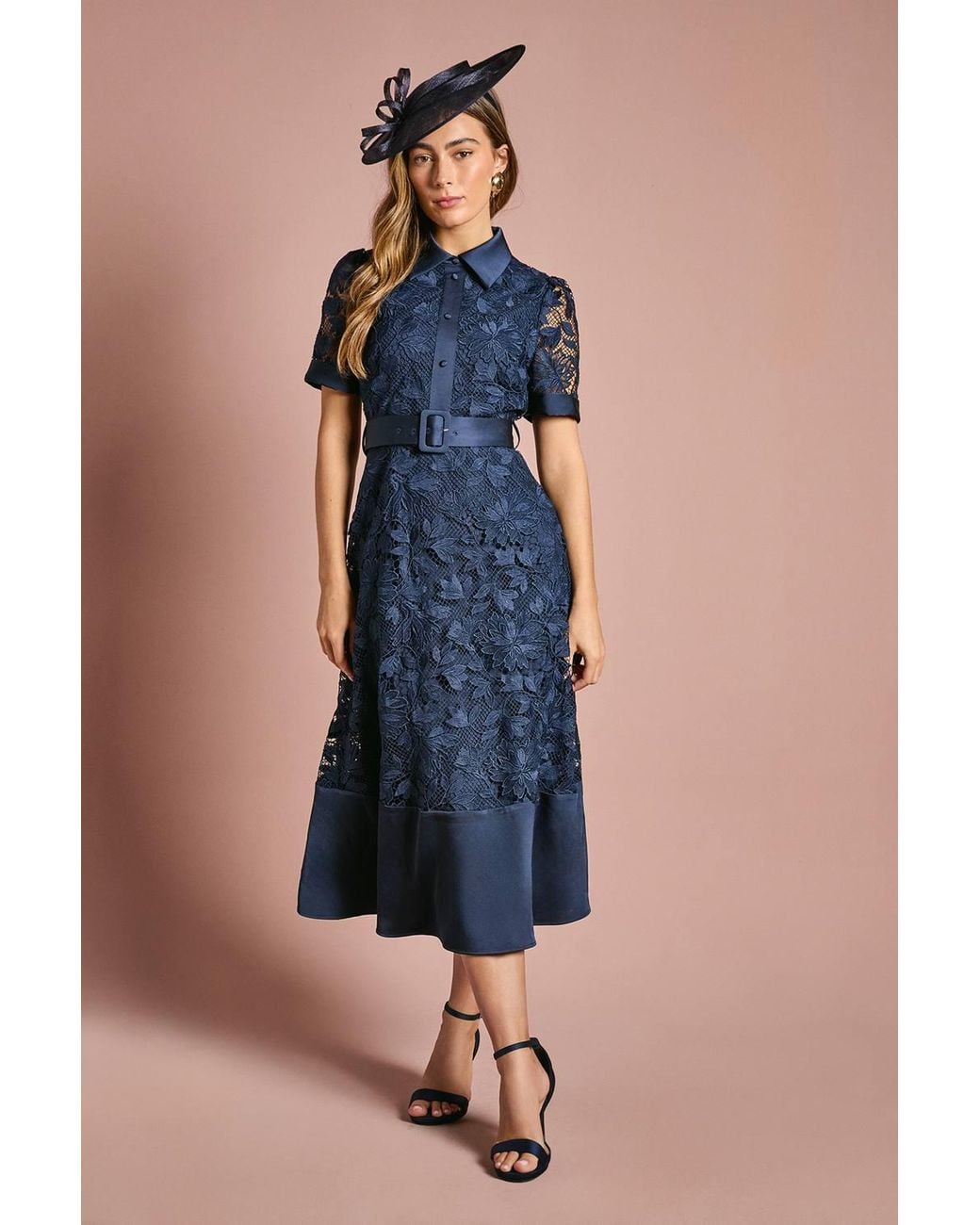 Coast Blue Satin Trim Lace Shirt Midi Dress