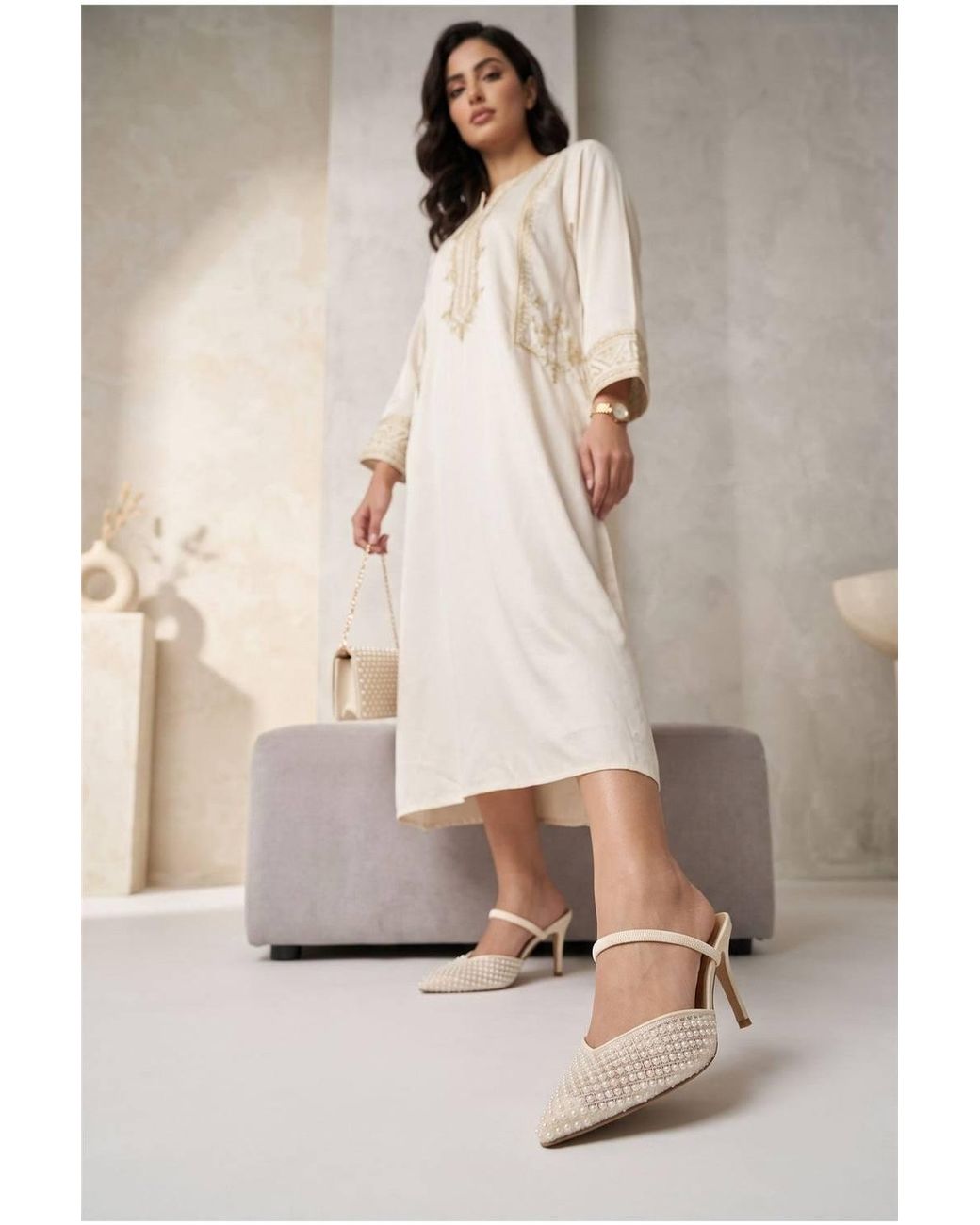 Miss Diva Natural Anusha Pearl Embellished Pointed Court Shoe Slingback Sandals