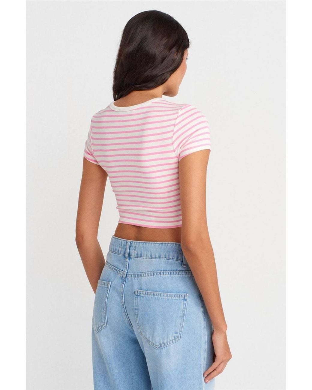 Dilvin White Striped Crop Top Blouse