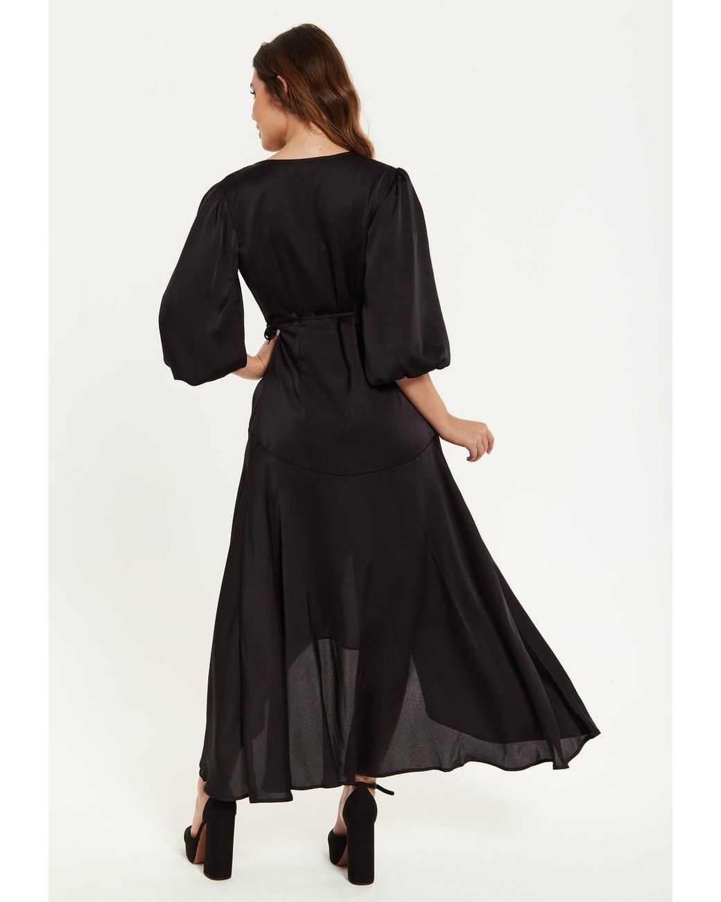Liquorish Black Midi Wrap Dress W/ Puff Sleeves
