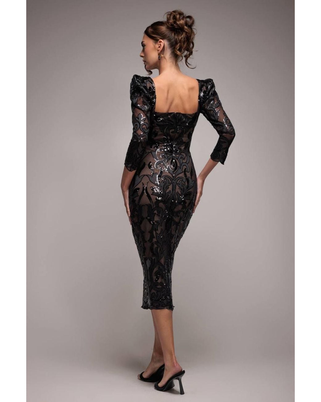 Goddiva Black Square Neck Scalloped Lace Midi Dress
