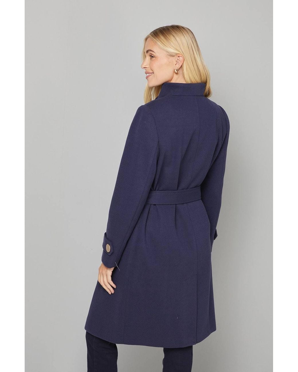 Wallis Blue Petite Funnel Neck Tie Belt Coat
