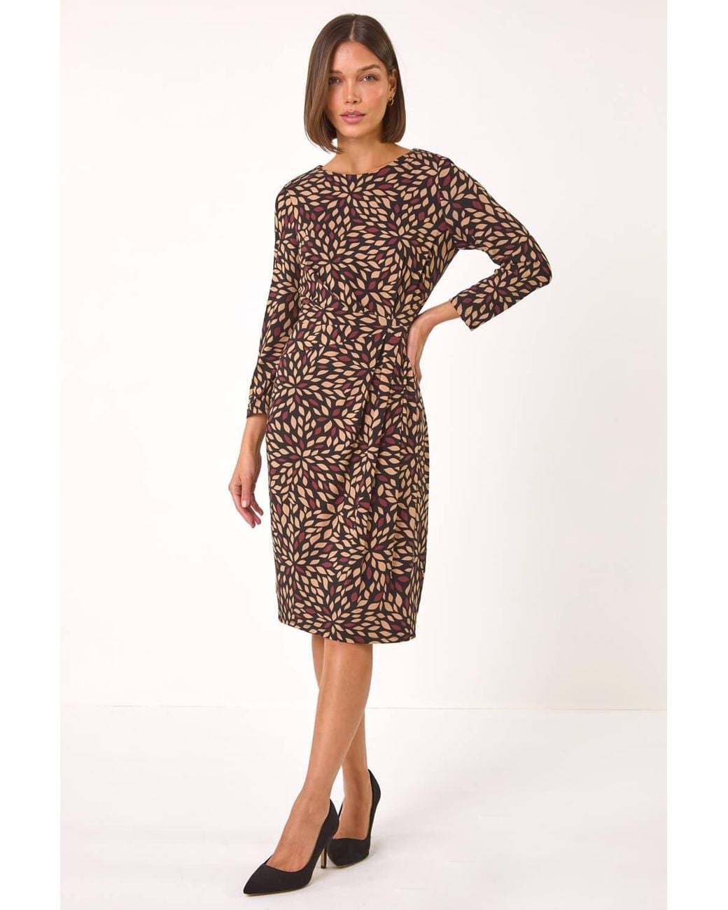 Roman Natural Leaf Print Side Twist Stretch Midi Dress