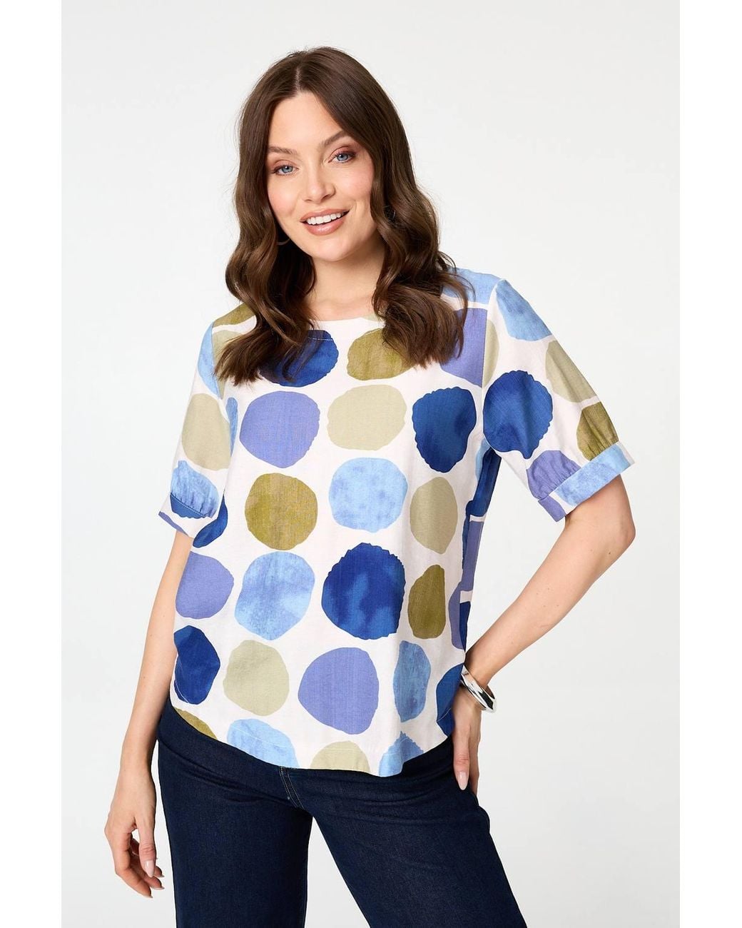 Izabel London Blue Printed 1/2 Sleeve Relaxed Blouse