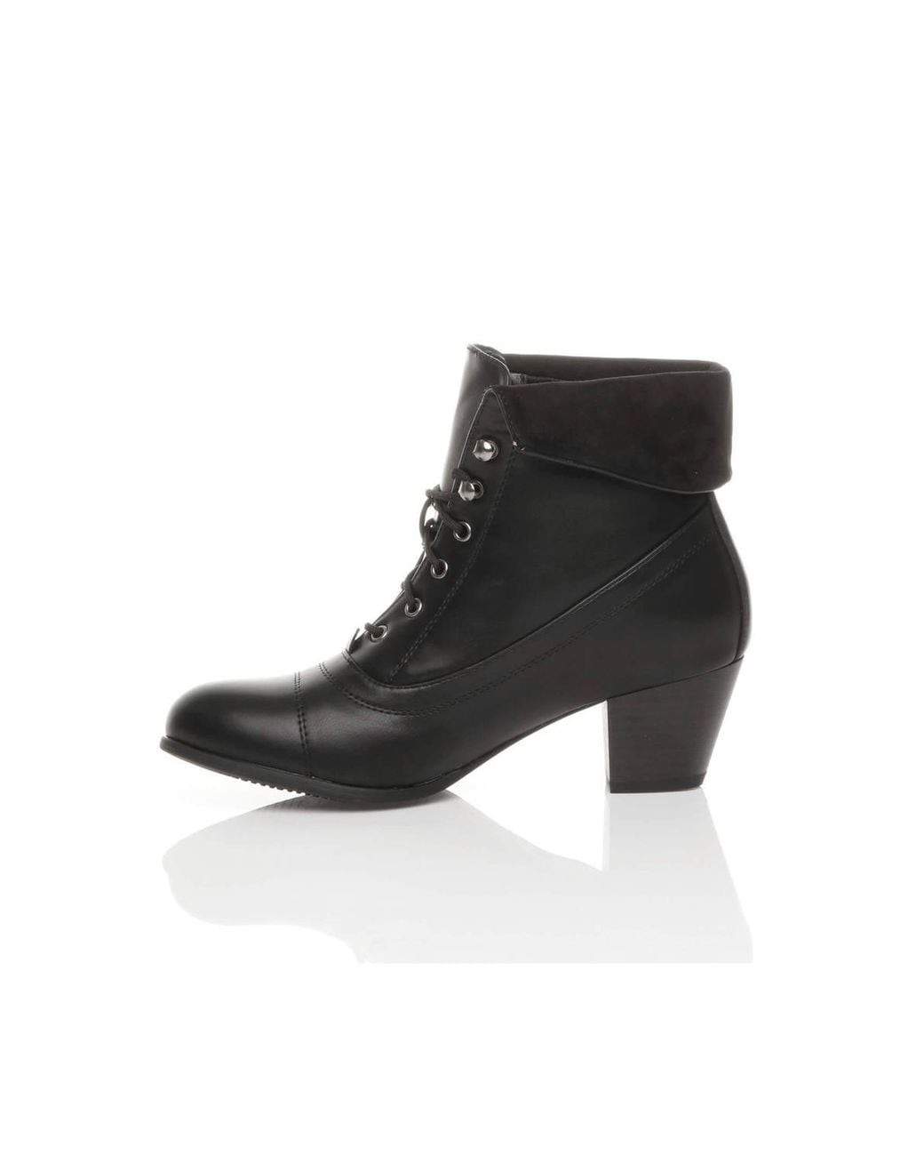 AJVANI Black Mid Cuban Heel Pixie Lace Up Granny Ankle Boots