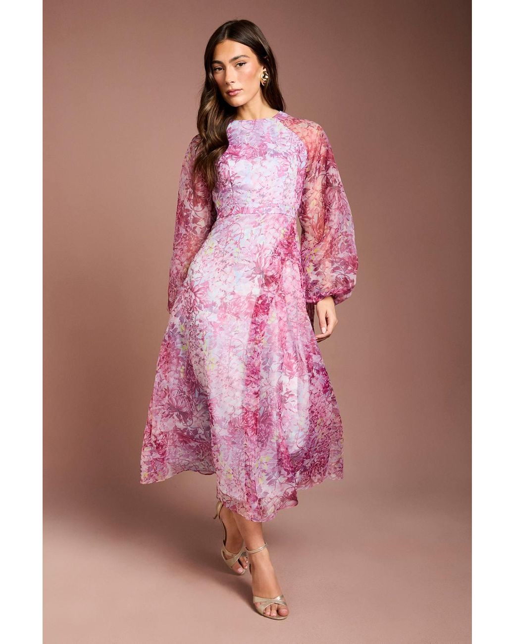 Coast Pink Organza Wrap Waist Puff Sleeve Midi Dress
