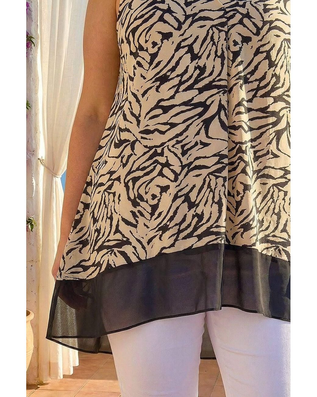 Roman Brown Curve Animal Print Chiffon Hem Vest Top