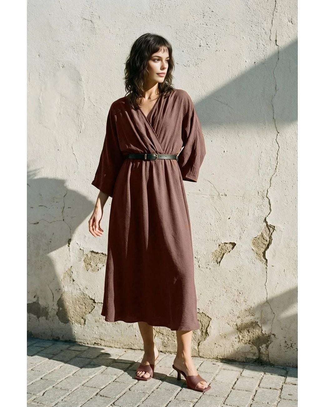 WOVCOR Brown Belted A-Line Wrap Collar Batwing Sleeve Midi Dress
