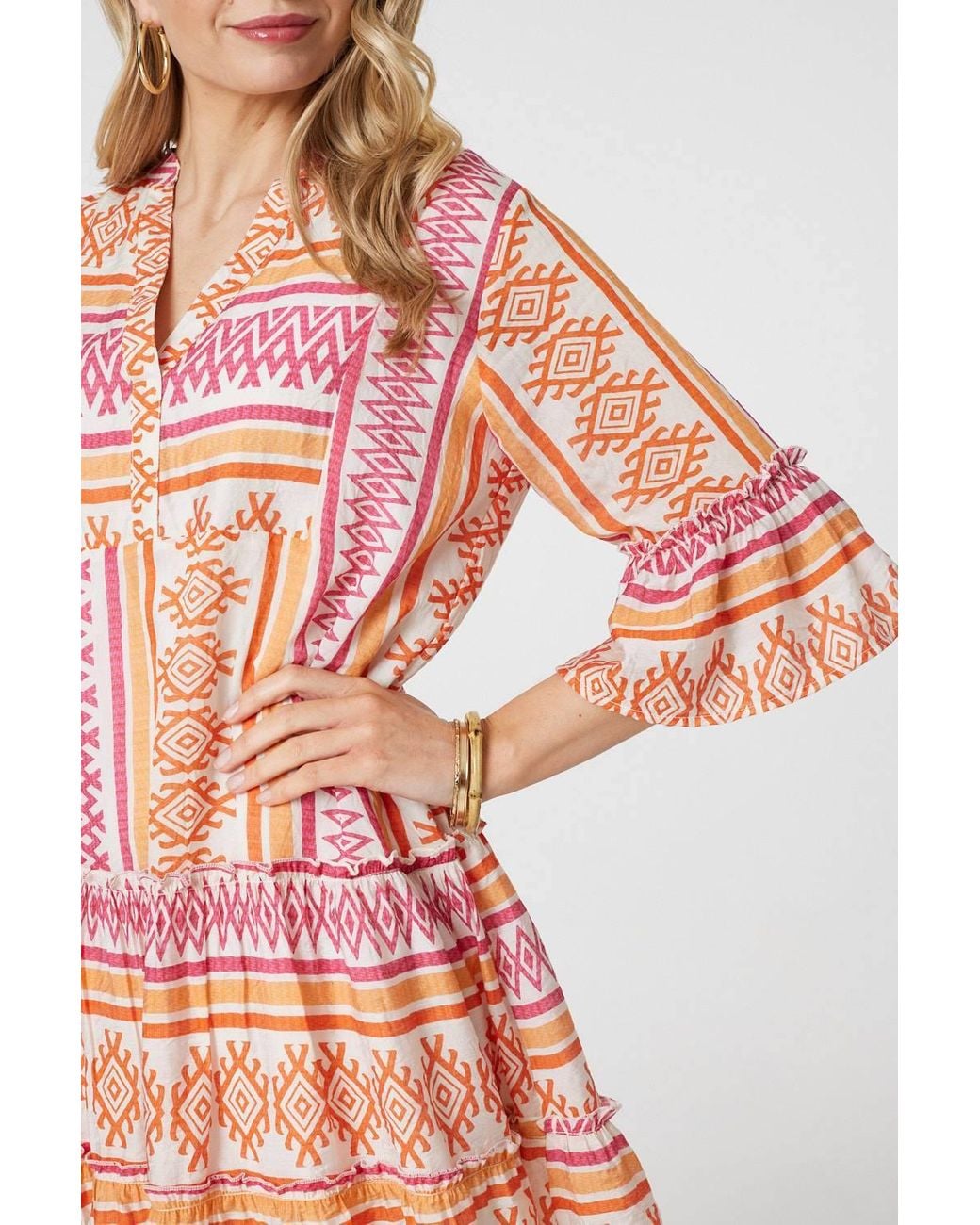 Izabel London Pink Aztec Print V-Neck 3/4 Sleeve Short Dress