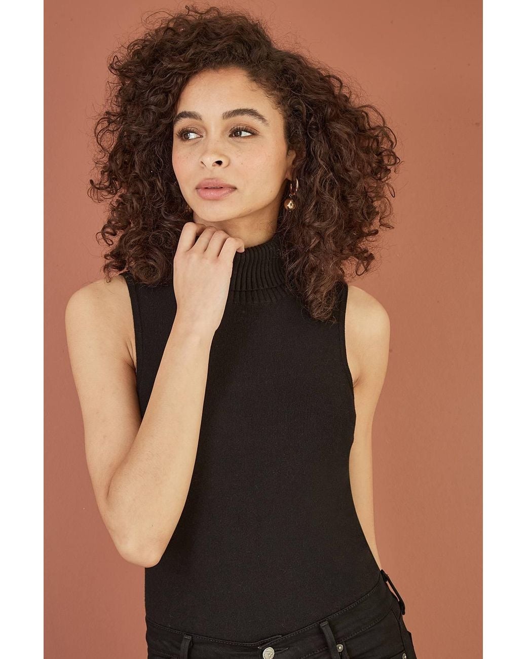 Yumi' Black Knitted Roll Neck Sleeveless Jumper