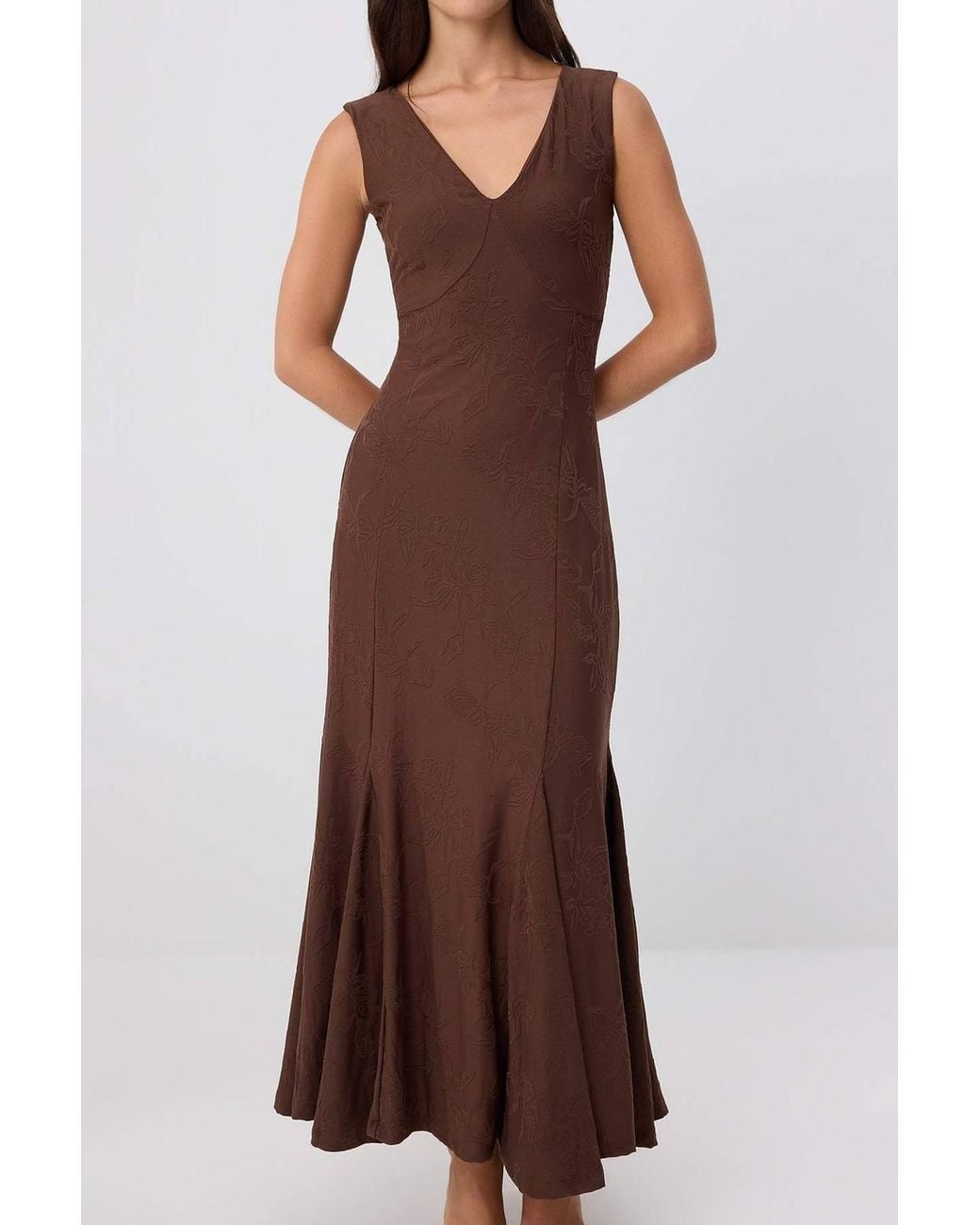 WOVCOR Brown V Neck Thick Strap Sleeveless A-Line Maxi Dress