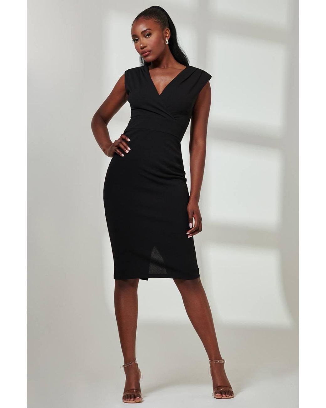 Jolie Moi Black Yiskah Wrap Bodice Pencil Dress