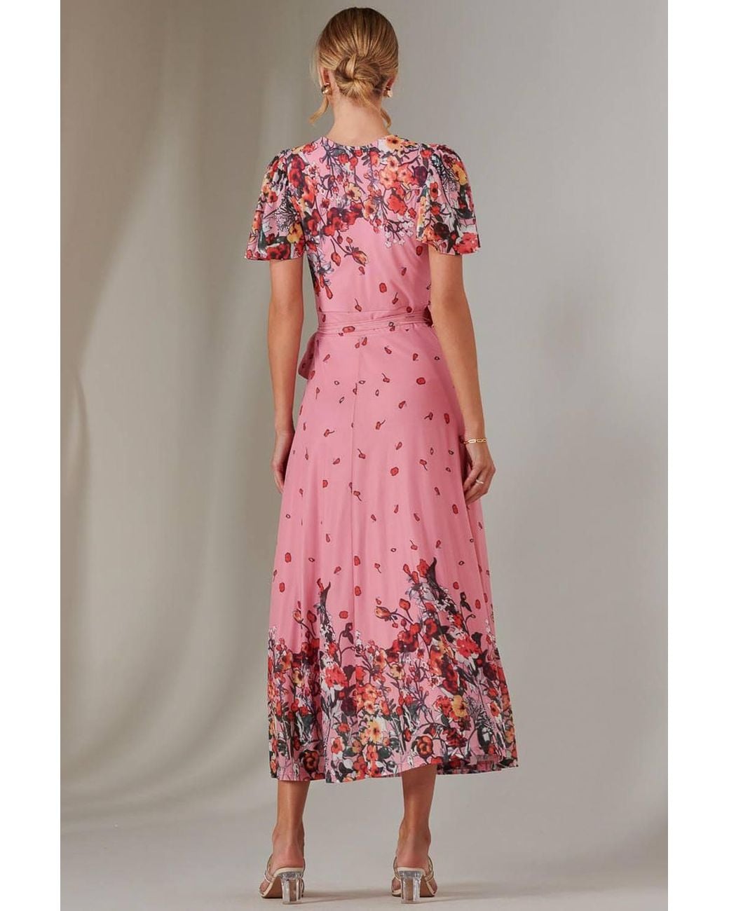 Jolie Moi Pink Mirror Print Mesh Wrap Maxi Dress