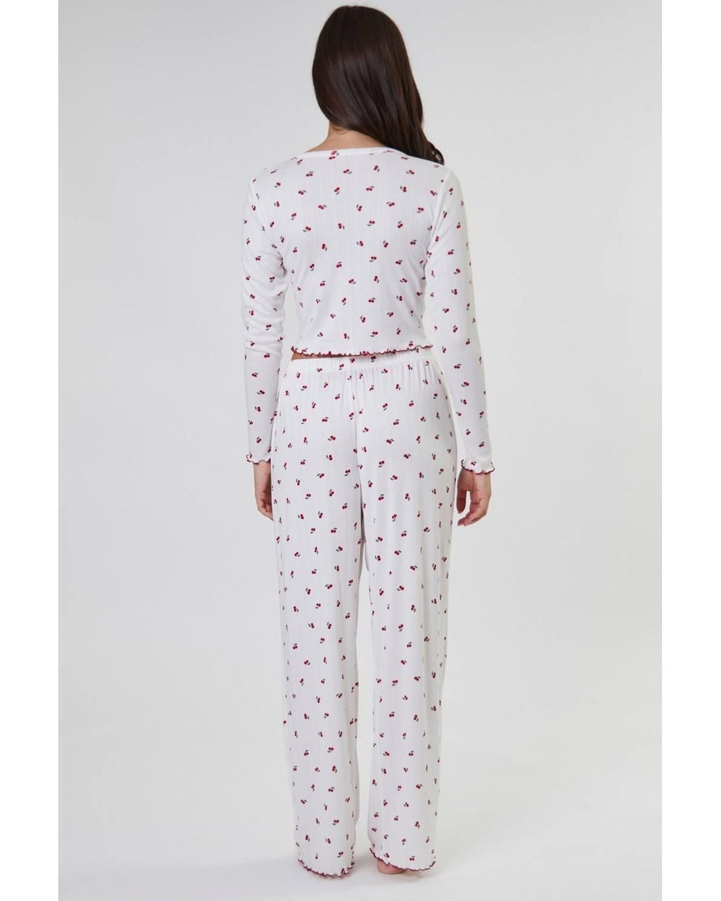 Loungeable White Cherry Printed Ribbed Jersey Long Sleeve & Trouser Set