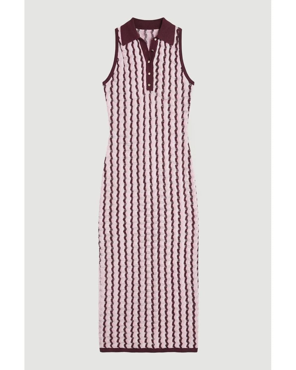 Karen Millen Brown Knit Contrast Collar Pointelle Sleeveless Midi Dress
