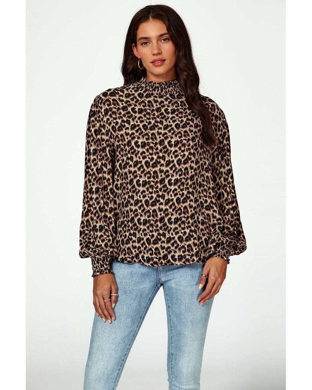 FS Collection Brown Leopard Print Long Sleeve High Neck Blouse