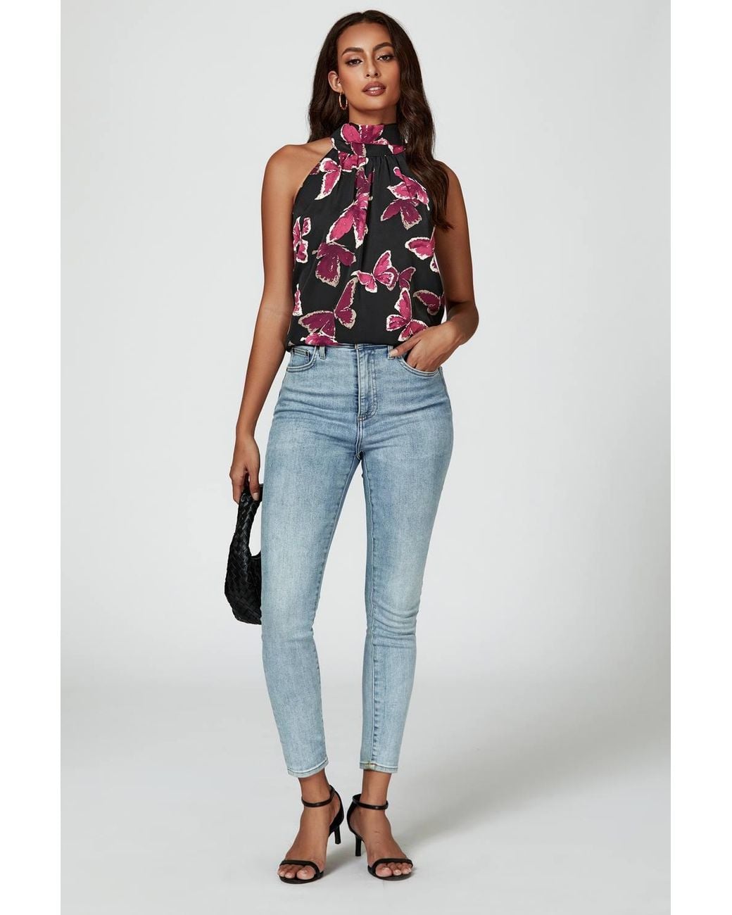 FS Collection Blue Butterfly Print Halter Neck Tie Back Top