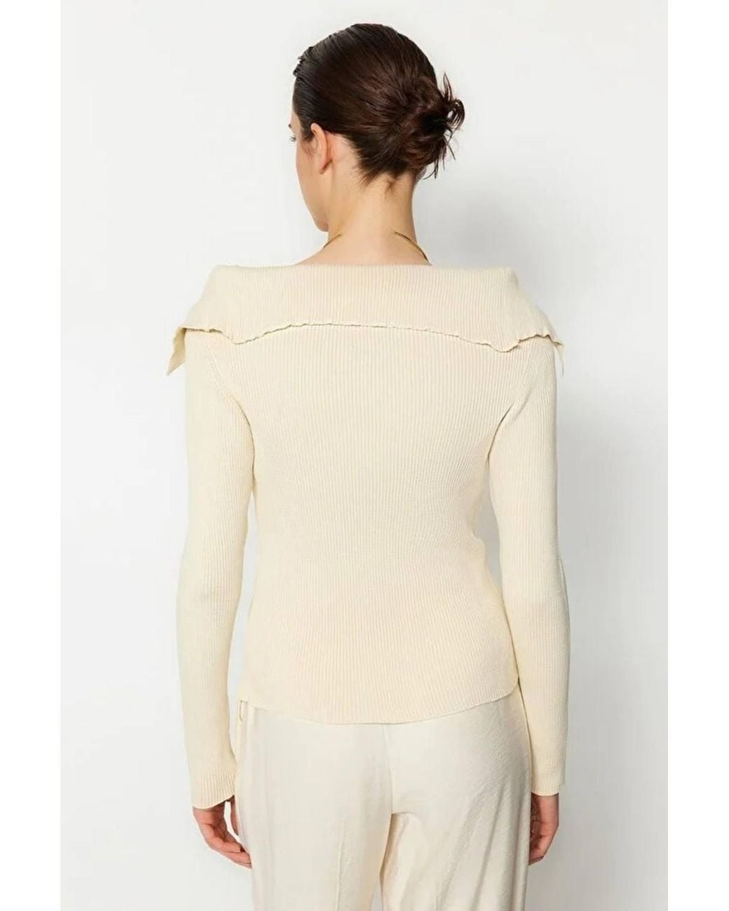 WOVCOR Natural Carmen Collar Knit Sweater Off-Shoulder Rib Knitted Jumper