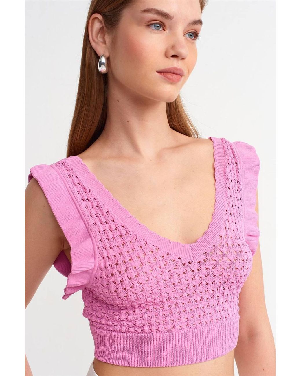 Dilvin Pink Textured Sleeveless Crop Blouse With Tie Detail