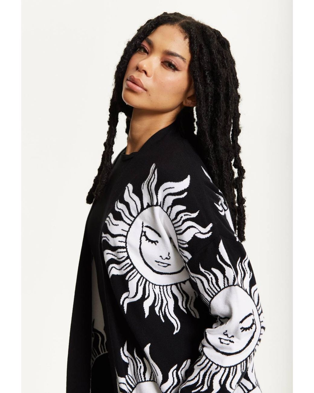 Liquorish Black Sunface Print Longline Cardigan