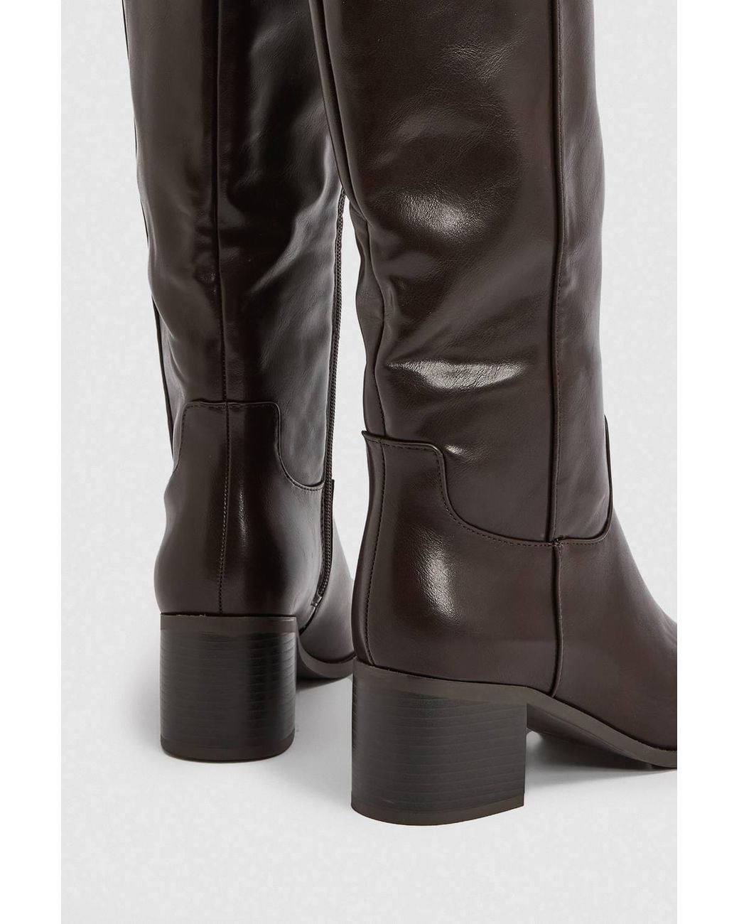Oasis Brown Billie Faux Leather High Leg Block Heel Boots