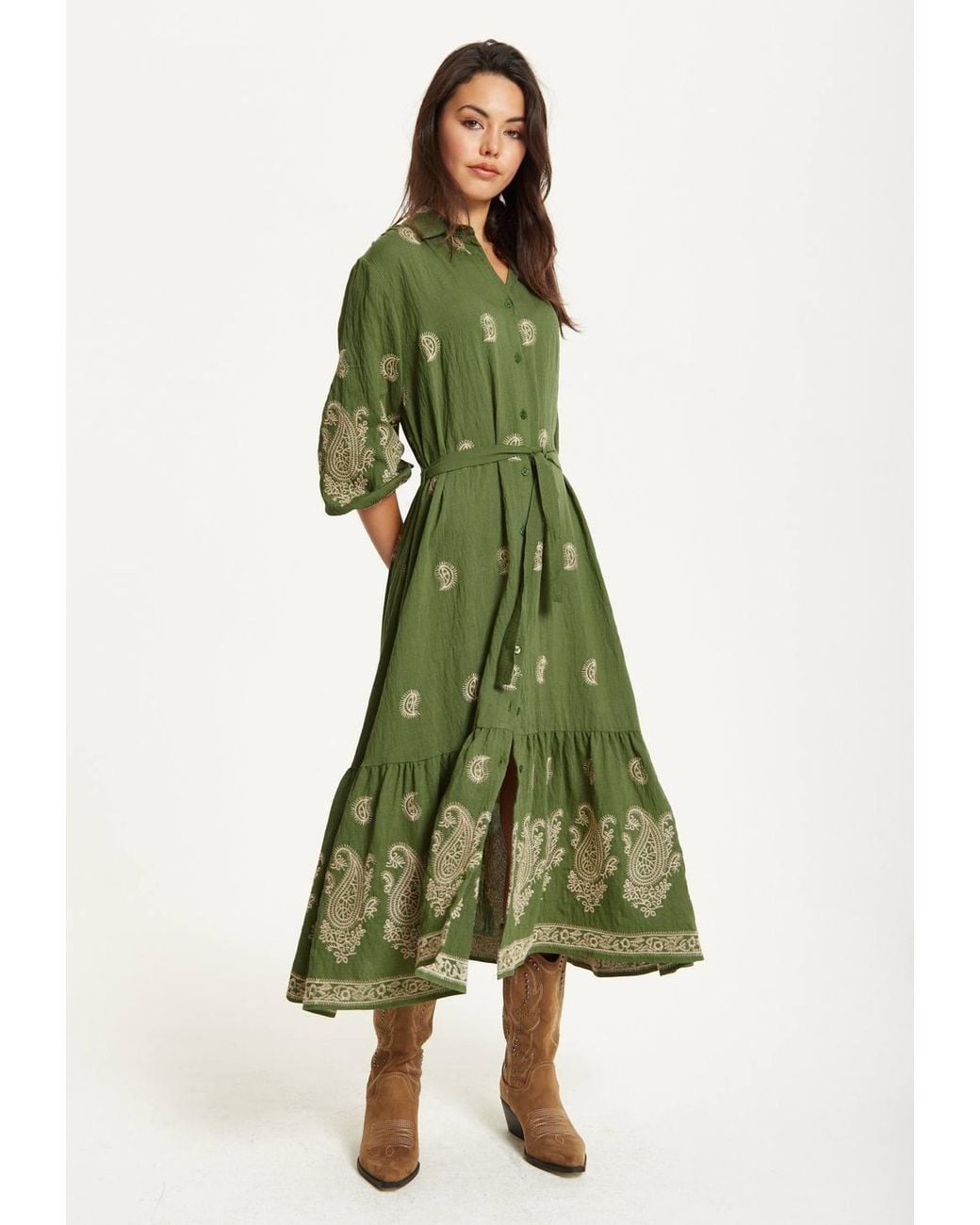 Liquorish Green Paisley Embroidered Midi Shirt Dress