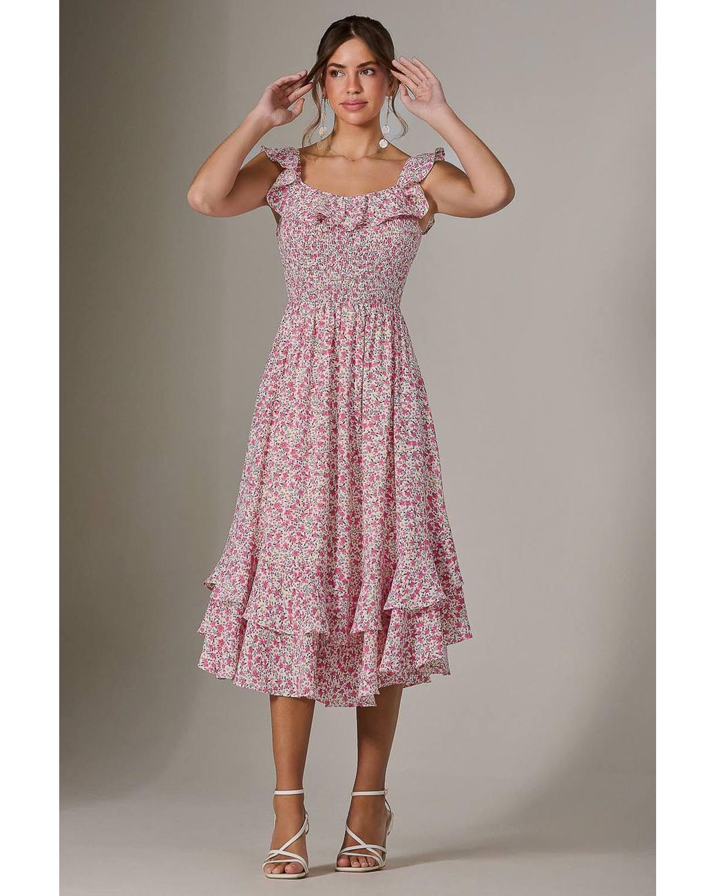 Jolie Moi Pink Ruffle Shirred Woven Midi Dress