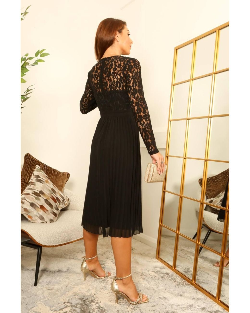 Double Second Black Long Sleeve Lace Pleated Dress