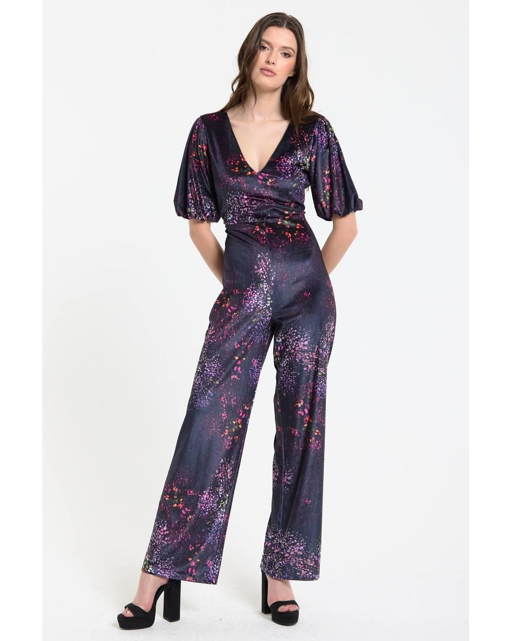Liquorish Blue Floral Printed Velvet Wide Leg Jumpsuit
