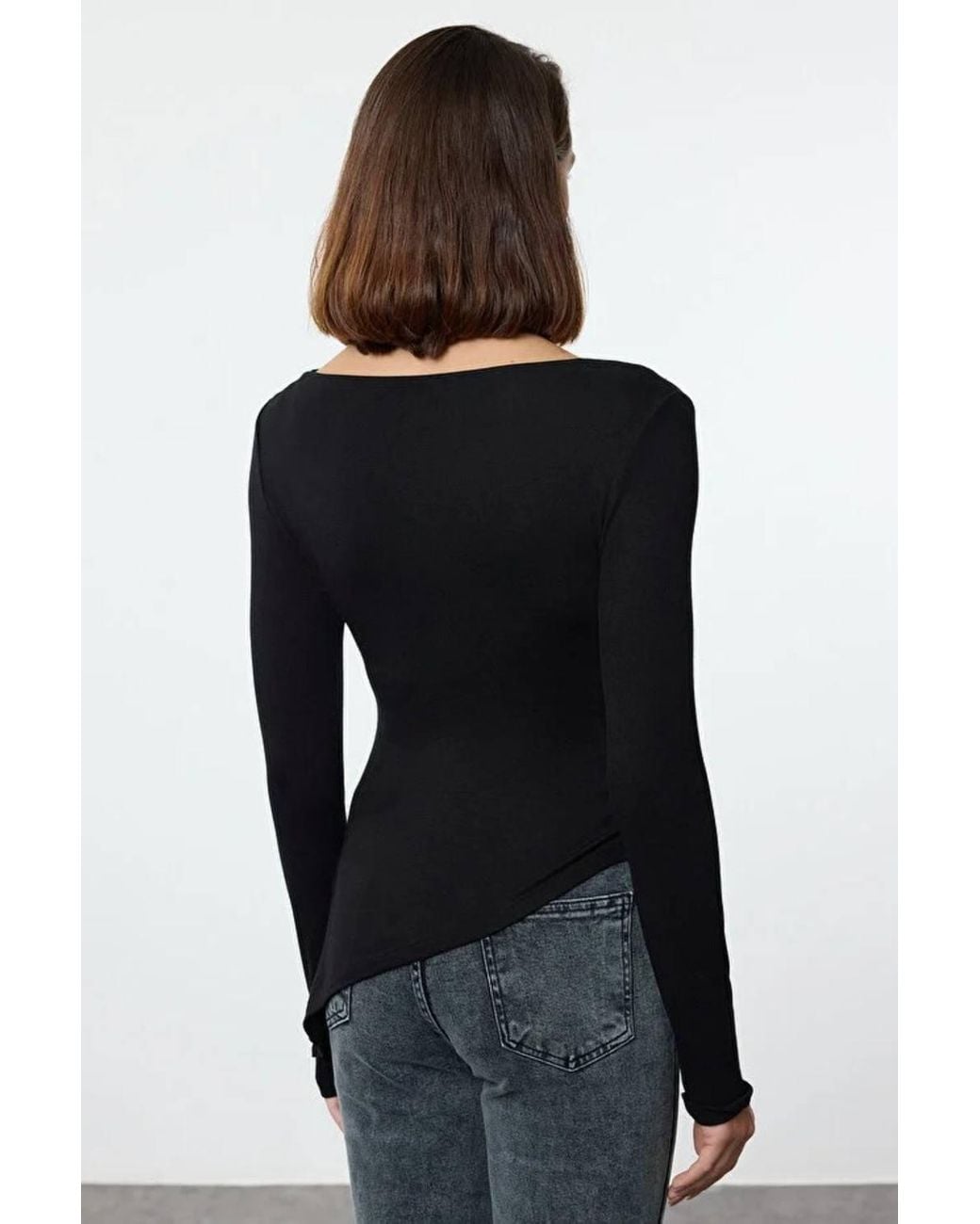 WOVCOR Black Asymmetric Textured Knit Blouse W/ Soft Draped Hem