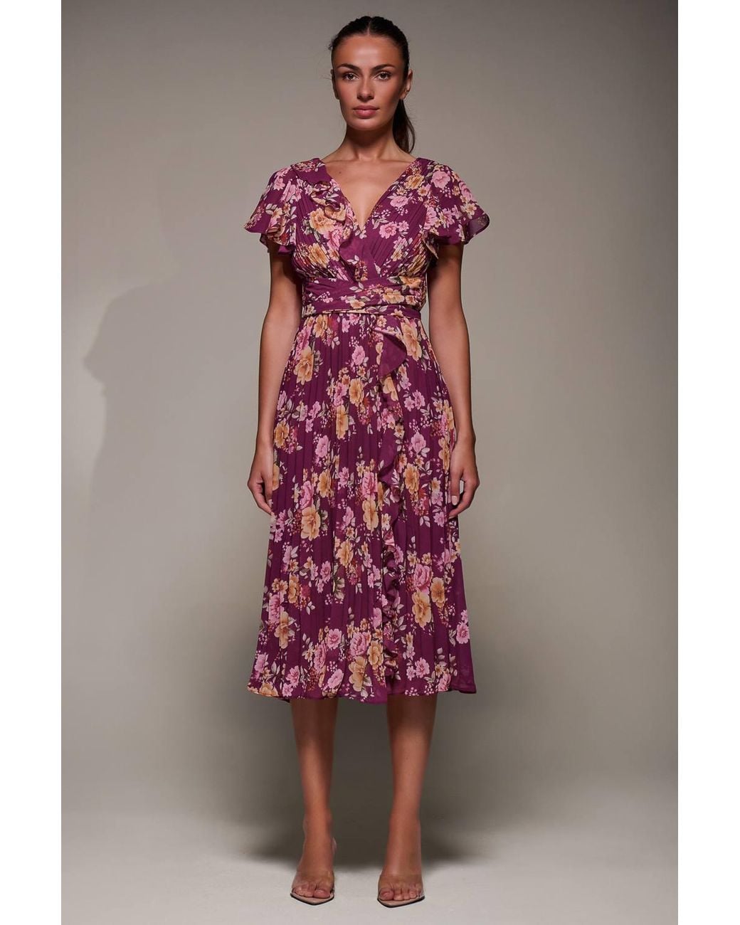 Jolie Moi Pink Printed Ruffle Detail Pleated Chiffon Midi Dress