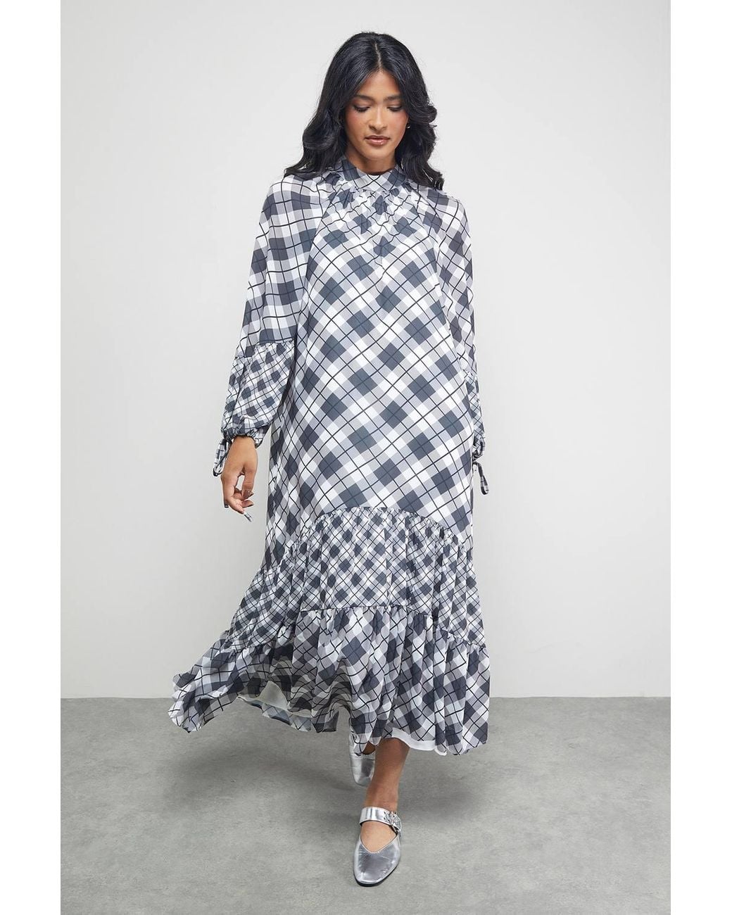 Warehouse Blue Tony Chiffon High Neck Tier Smock Midi Dress