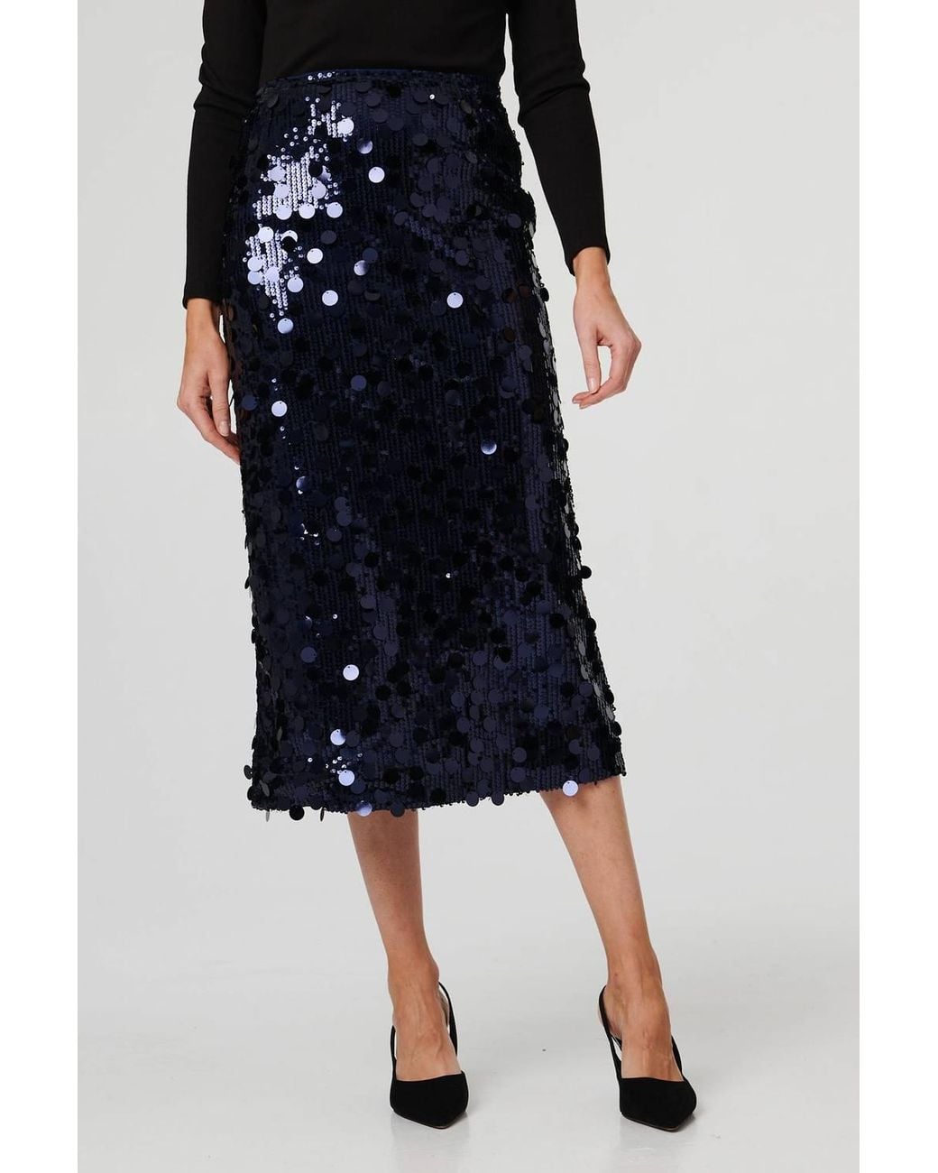 Izabel London Black Sequin Embellished Straight Midi Skirt