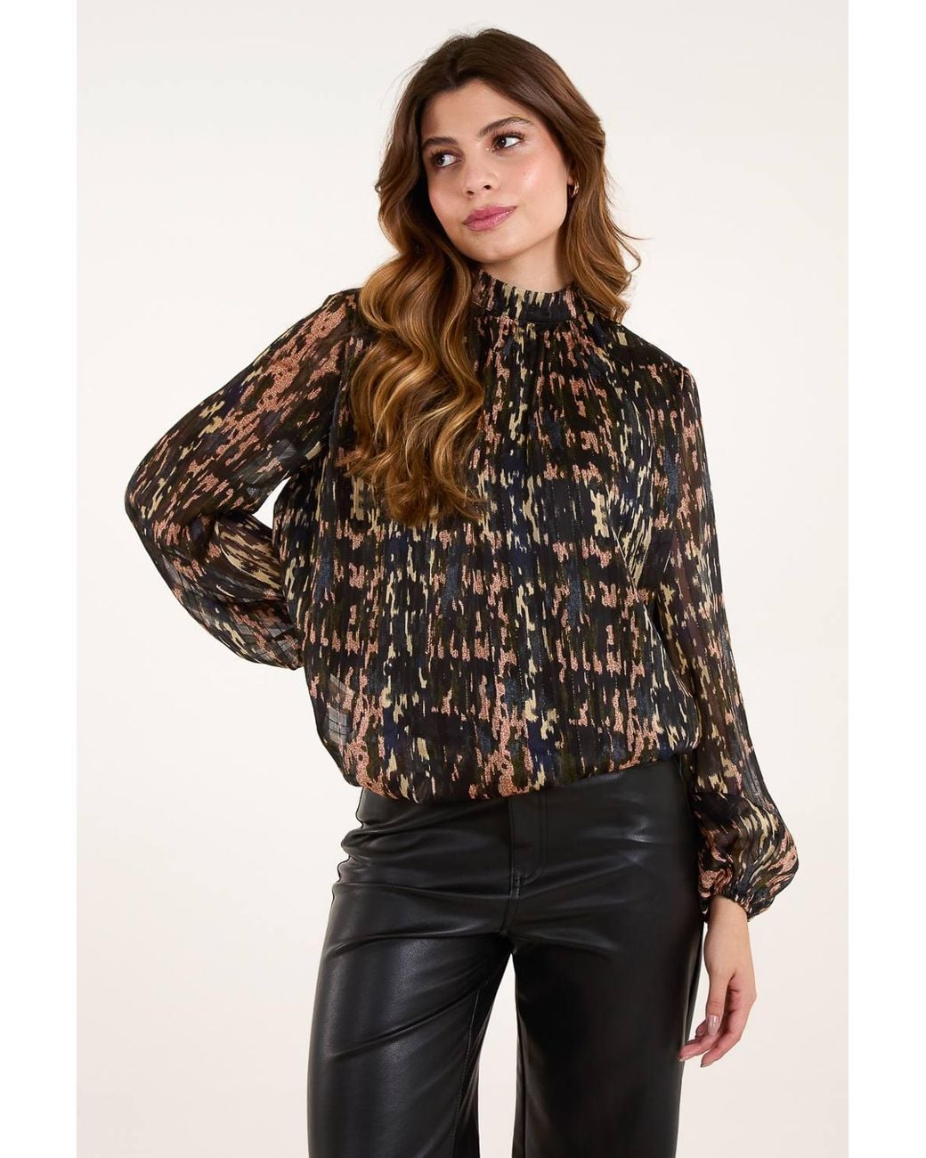 Blue Vanilla Black High Neck Abstract Cuff Sleeve Blouse