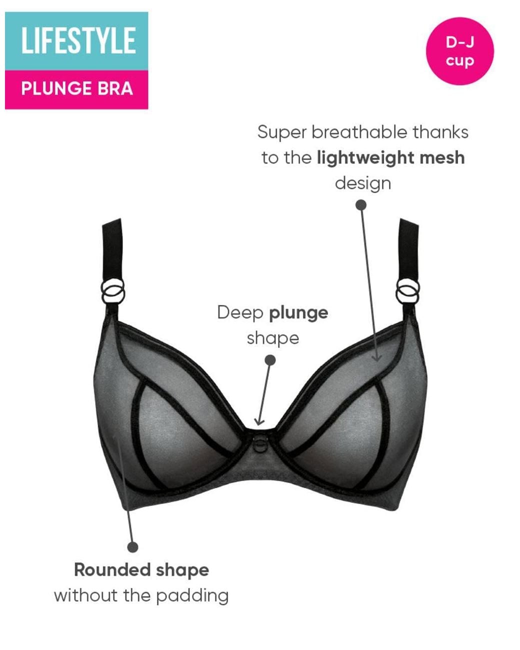 Curvy Kate Black Lifestyle Plunge Bra Wired Mesh Lingerie