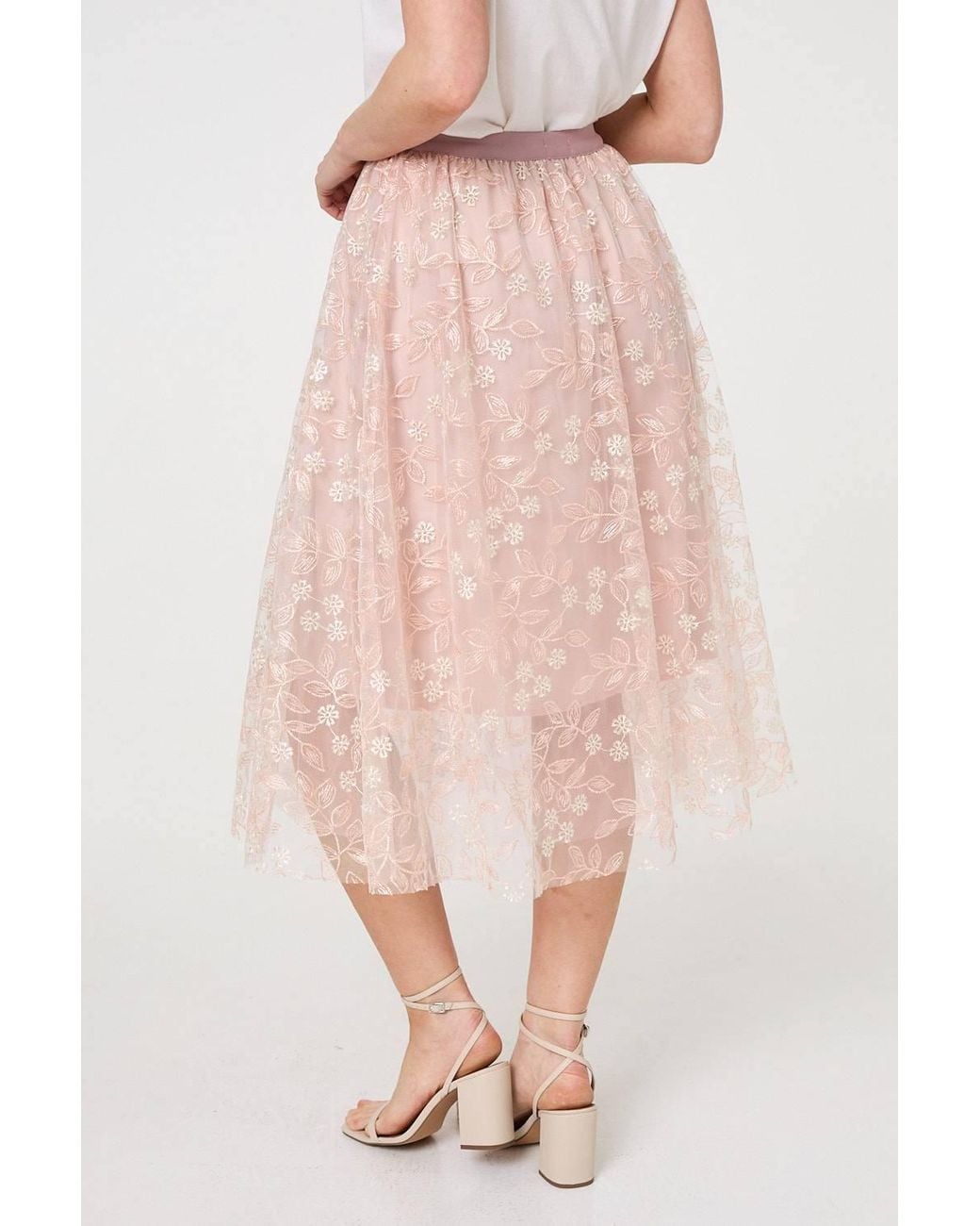 Izabel London Pink Floral Mesh Layered Midi Skirt