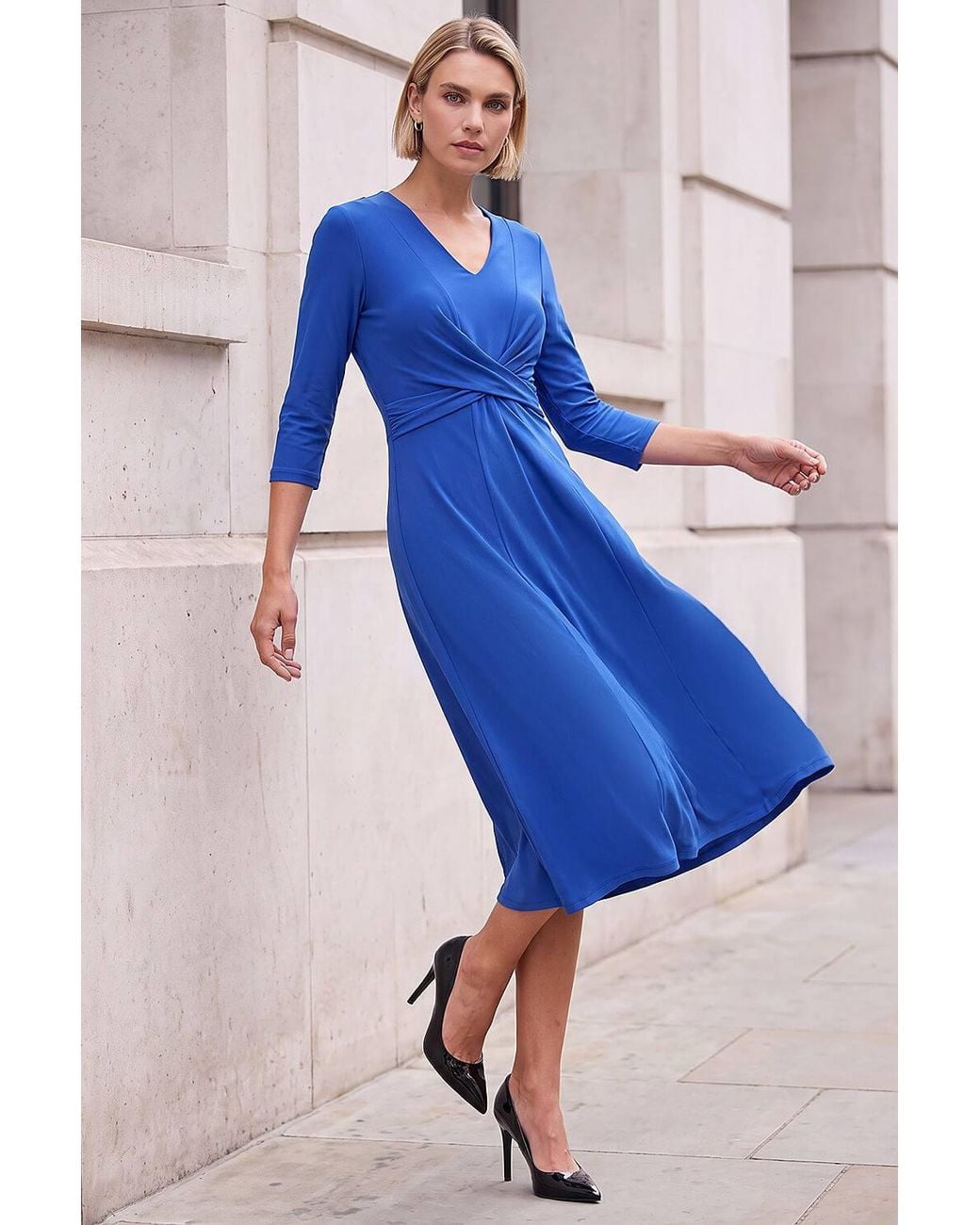 Roman Blue Stretch Crossover Midi Dress
