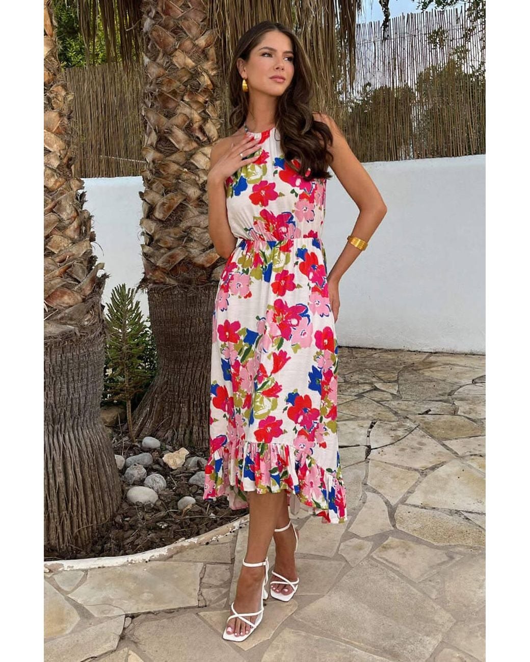 AX Paris Gray Multi Floral Print Racer Neck Frill Hem Midi Dress