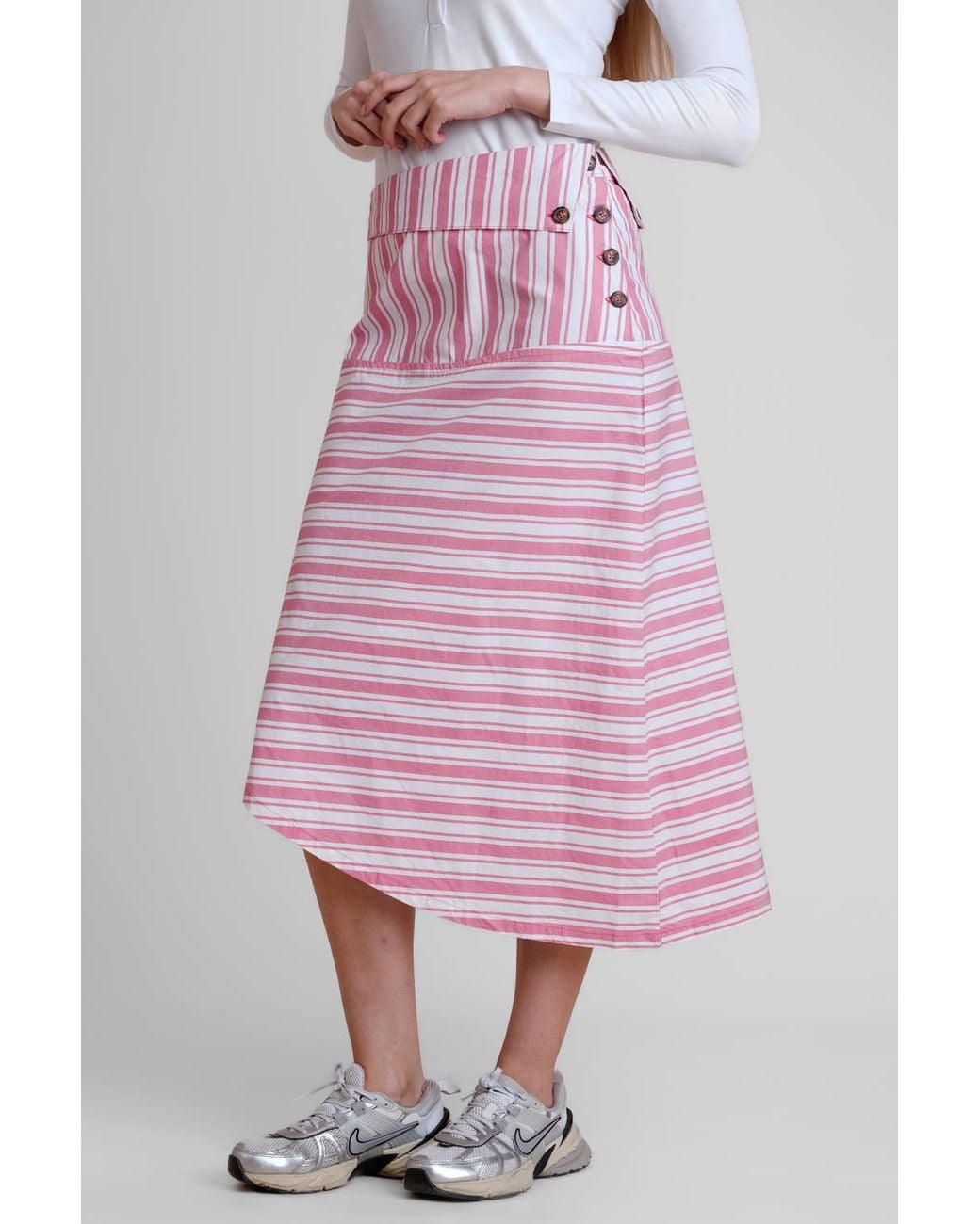 Enorsia Pink Asymmetric Hem Striped Midi Skirt