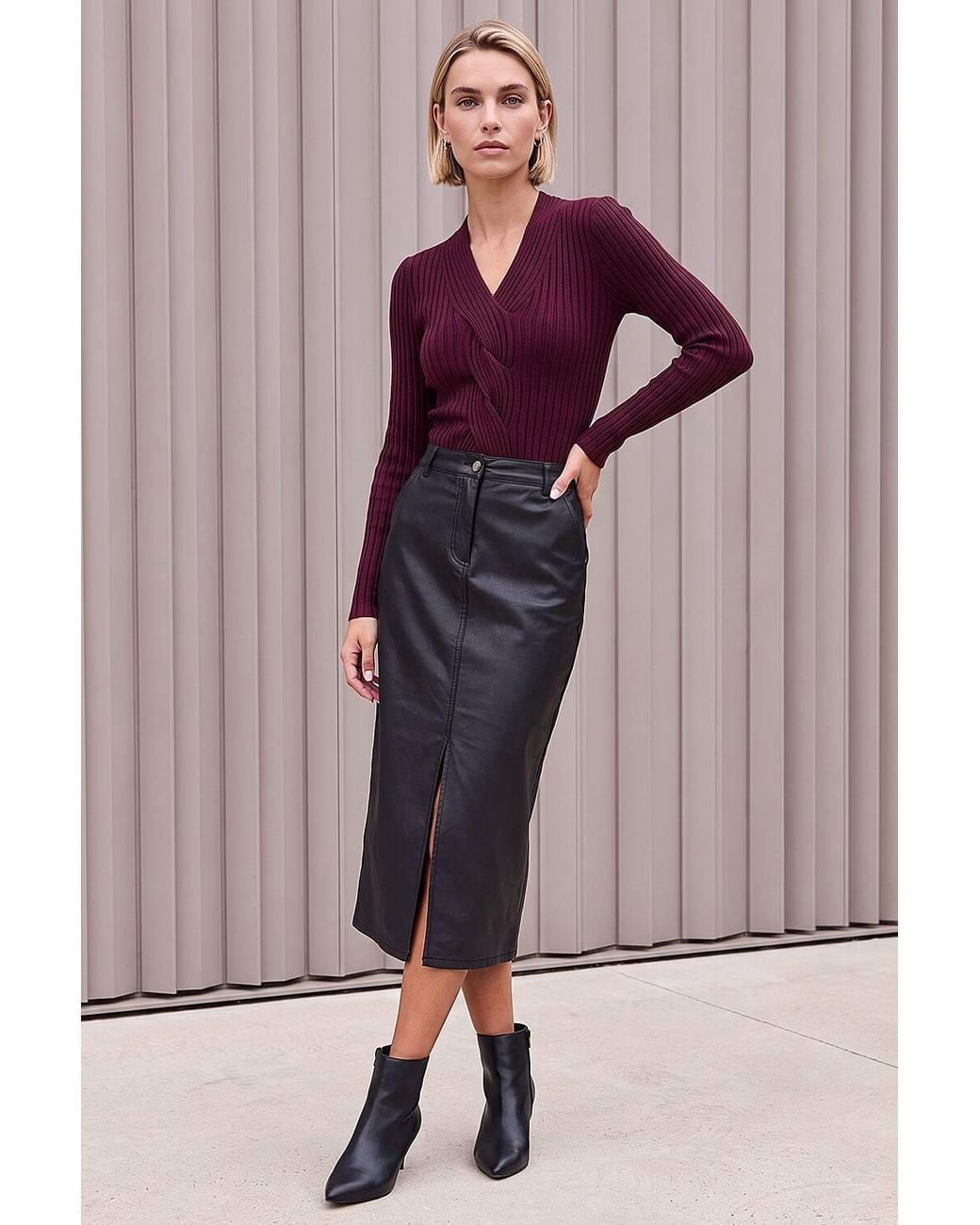 Roman Black Coated Midi Pencil Skirt