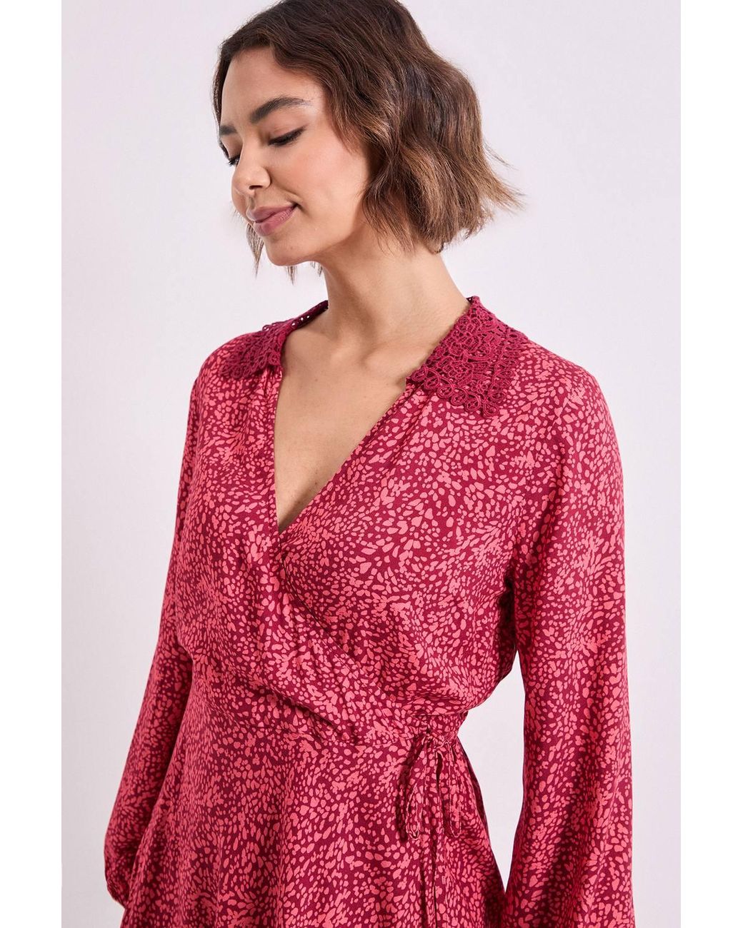 Dorothy Perkins Red Animal Lace Collar Detail Wrap Printed Mini Dress