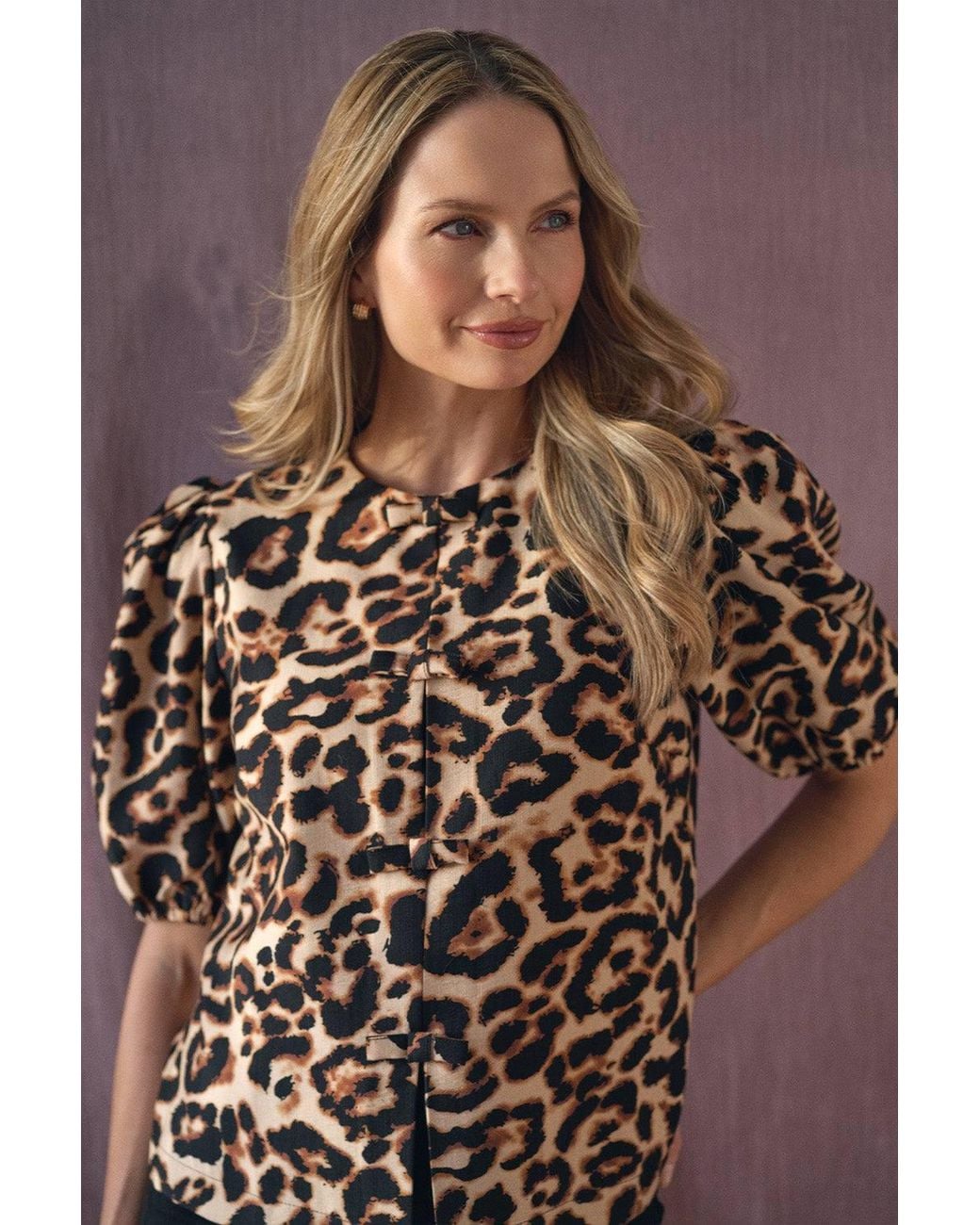 Izabel London Brown Animal Print Bow Front Puff Sleeve Shirt
