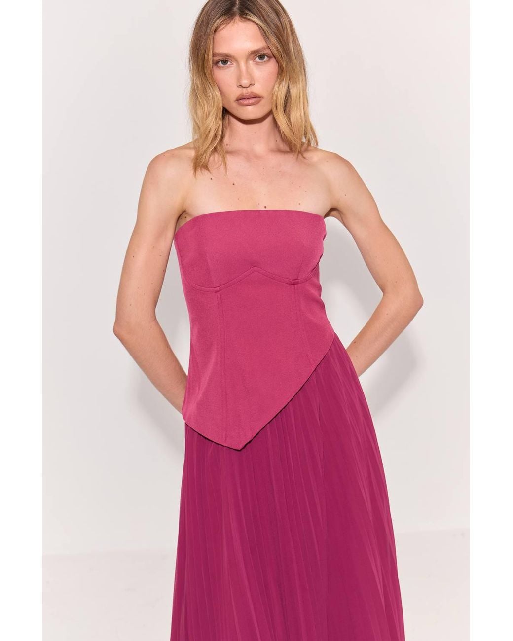 Warehouse Pink Bandeau Bodice Pleated Chiffon Midi Dress
