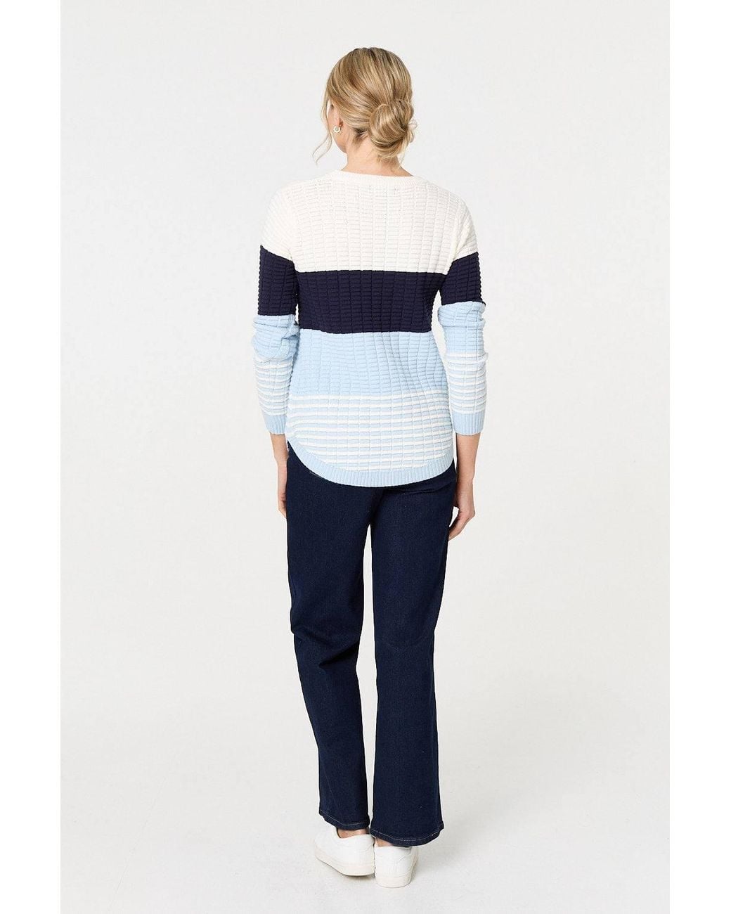 Izabel London Blue Colour Block Textured Curve Hem Jumper
